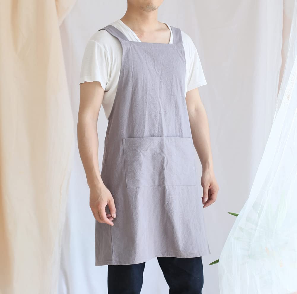 Garvee Küchenschürze Unisex Stile Giapponese Mit Großen Taschen, Schienale Incrociato Für Küche, Giardinaggio, Pittura, 72x90 cm, Grigio
