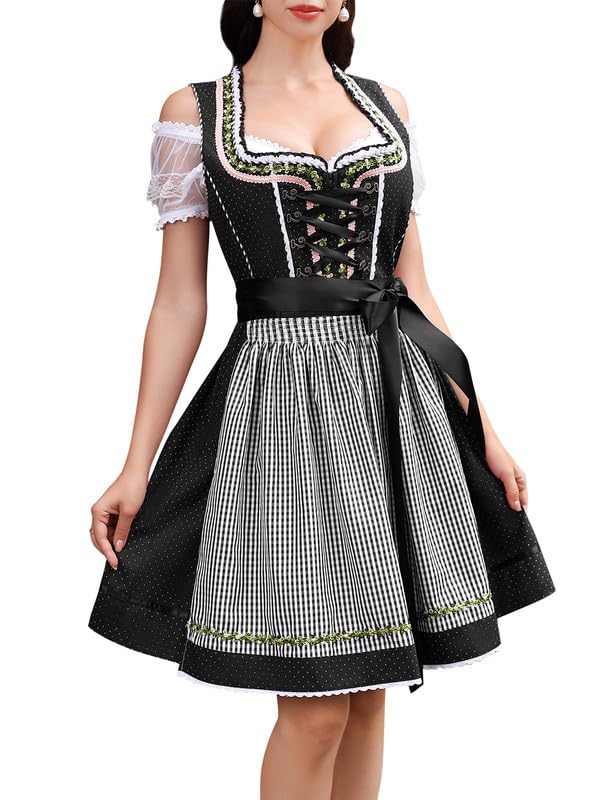 Abito tradizionale Dirndl midi da donna Garvee, 3 pezzi, con camicetta in pizzo bianco e grembiule, blu navy, taglia 34