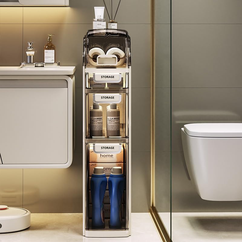 Mobiletto da bagno sottile Garvee a 4 ripiani con cassetti trasparenti e ruote per bagno e cucina, salvaspazio, impermeabile, ABS e PP, argento
