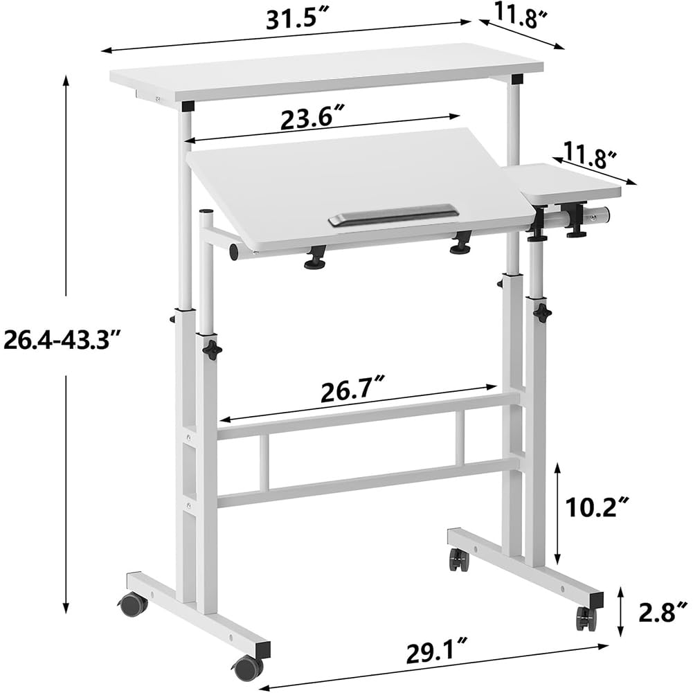 Scrivania per computer Garvee, altezza regolabile 70-115 cm, scrivania mobile con ruote, bianco 80x60 cm, per casa e ufficio