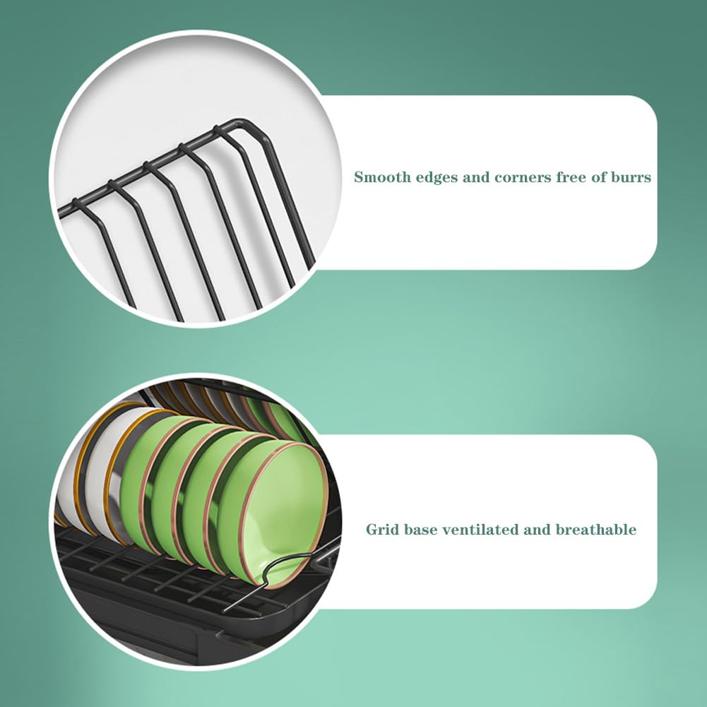 Scolapiatti Garvee in acciaio inox al carbonio con vassoio raccogligocce e portaposate per cucine piccole, nero, espandibile da 12,6 a 20,5 pollici