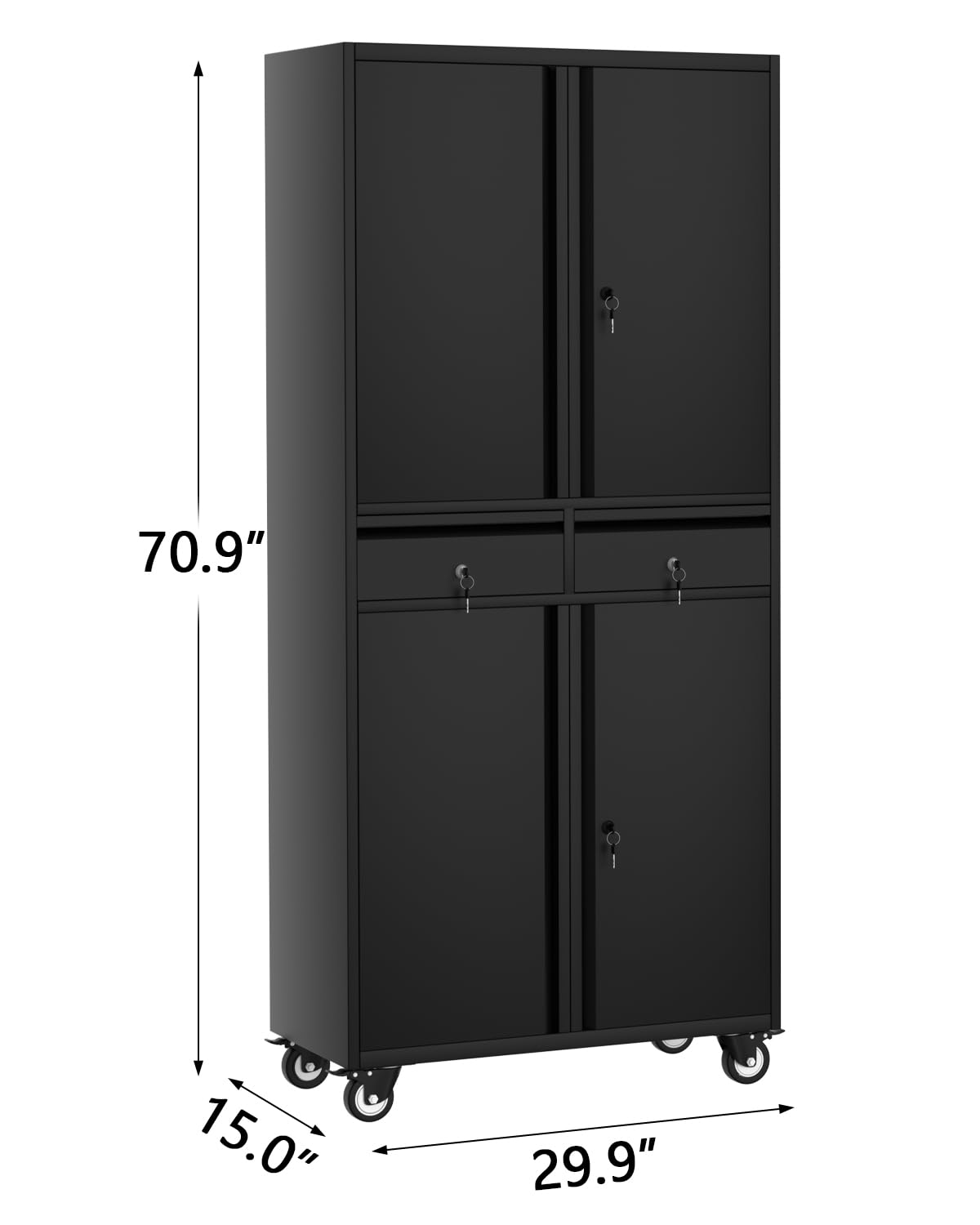 Armadio portaoggetti in metallo Garvee da 72" con ruote, ante con serratura e 2 cassetti per officina e garage, 72"x31,5"x16,5", verniciato a polvere