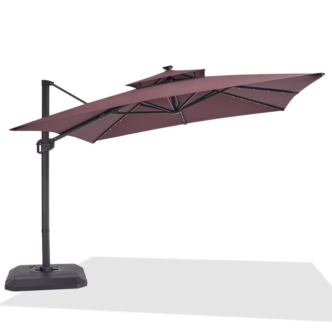 Ombrellone rettangolare GARVEE 300 cm x 270 cm con supporto e base inclusi, luci LED solari, grande ombrellone a sbalzo, ombrellone da patio, girevole a 360°, antivento, ombrellone da giardino per giardino, terrazza, uso esterno, marrone