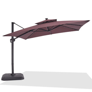 Ombrellone rettangolare GARVEE 300 cm x 270 cm con supporto e base inclusi, luci LED solari, grande ombrellone a sbalzo, ombrellone da patio, girevole a 360°, antivento, ombrellone da giardino per giardino, terrazza, uso esterno, marrone
