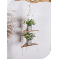 Mensola sospesa Garvee a 2 livelli angolare con corda in legno rustico, stile boho, porta piante regolabile per soggiorno e giardino