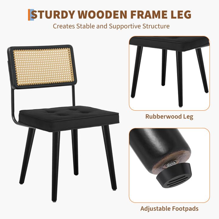 Set di 2 sedie da pranzo in rattan naturale Garvee con seduta imbottita in velluto e gambe in legno massello per cucina e sala da pranzo, stile boho nero