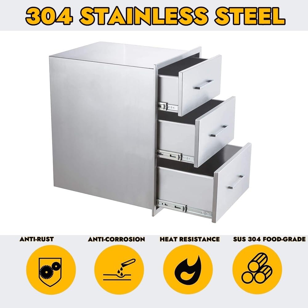 Cassetti da cucina per esterni Garvee 17"x24"x18" in acciaio inossidabile per barbecue a 3 livelli per giardino e terrazza, resistenti alle intemperie, argento