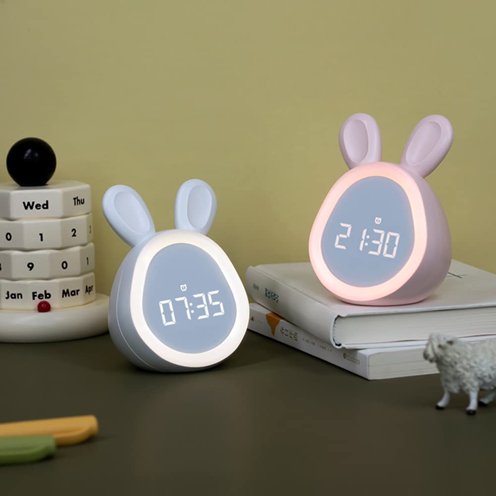 GARVEE Sveglia per bambini Luce notturna a LED Lampada a forma di coniglio con ricarica USB e funzione snooze per camerette e campeggio, materiale ABS, risparmio energetico, bianco