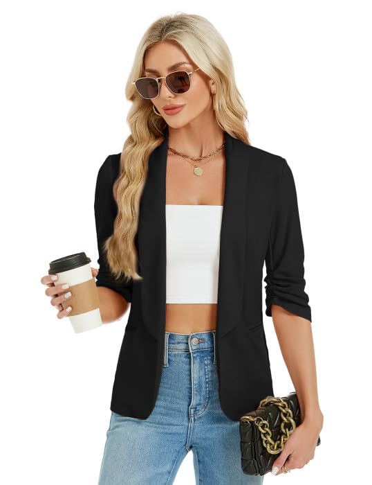 Blazer da donna Garvee, elegante e casual, con apertura frontale, giacca da lavoro, nero, taglia S, vestibilità elegante, tessuto confortevole