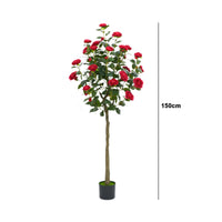 Albero di camelia artificiale rosso Garvee da 5 piedi con fiori e foglie realistici per soggiorno e uso esterno, facile da pulire, robusto, rosso