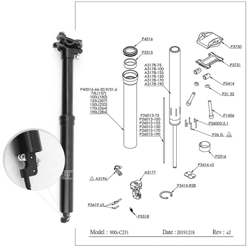 Reggisella telescopico Garvee da 31,6 mm per mountain bike, leva remota interna regolabile, escursione da 125 mm, robusto ed elegante