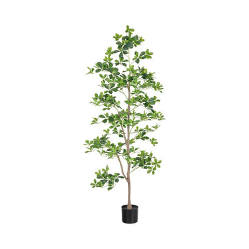 Albero di Schefflera Garvee artificiale da 180 cm con foglie realistiche e tronco naturale, facile da pulire, vaso di plastica nero per arredamento interno, soggiorno e ufficio