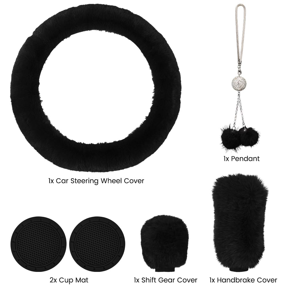 Garvee Set coprivolante soffice da 6 pezzi con coprifreno a mano e portachiavi per auto, nero invernale