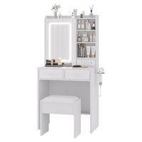 Tavolo da toeletta Garvee con illuminazione a LED e specchio, sgabello imbottito, 2 cassetti, 3 scomparti, stazione di ricarica, illuminazione dimmerabile, bianco/nero/rosa