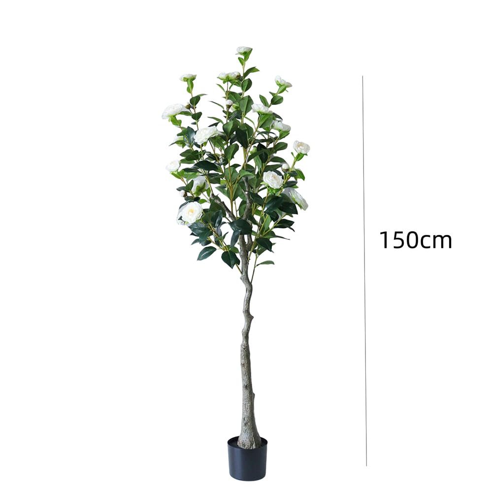 Garvee Set di 2 alberi di camelia artificiali da 150 cm, foglie e fiori realistici, facile da pulire, soggiorno e ufficio, avorio
