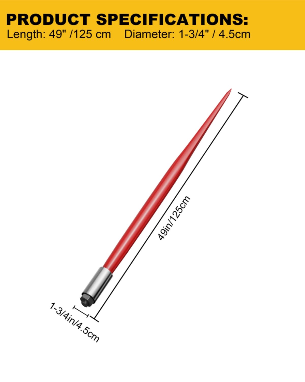 Forca da fieno Garvee da 49" con capacità di 4500 libbre, sistema di sgancio rapido, 2 punte stabilizzatrici da 17", acciaio per molle, protezione dalla corrosione per trattori e caricatori, rossa