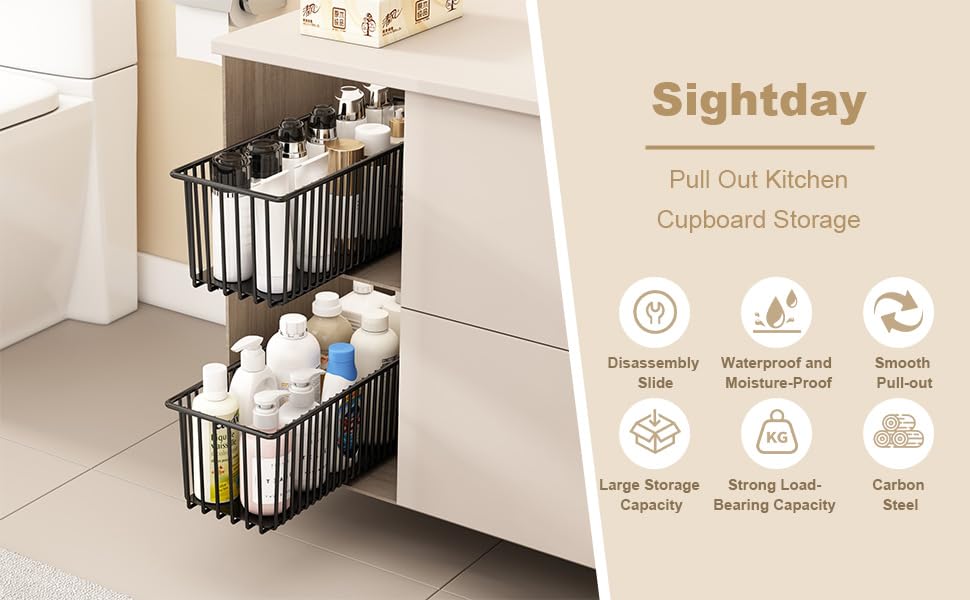 Garvee Set da 2 pezzi, organizer estensibile per mobili da cucina, robusto acciaio al carbonio, guide scorrevoli silenziose, per cucina e bagno, multifunzionale, salvaspazio
