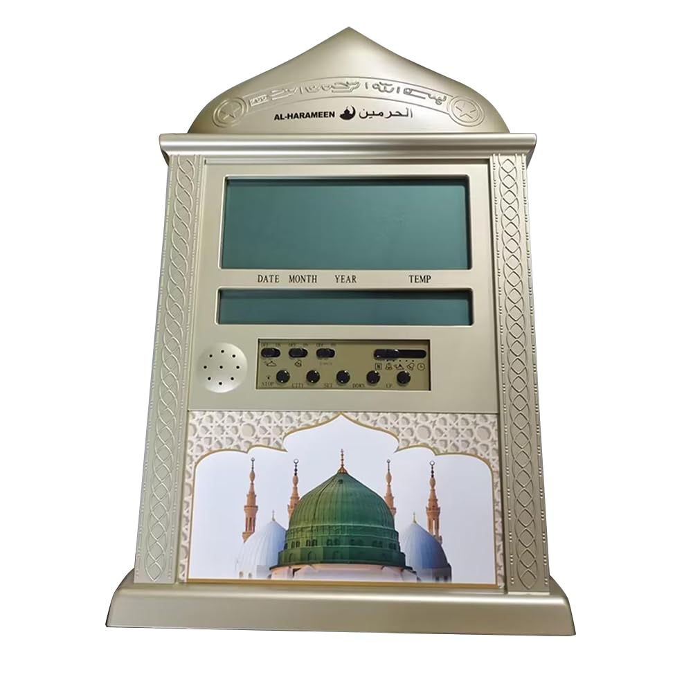 Orologio da parete per preghiera musulmana Garvee Azan con calendario e allarme, display LCD, colore oro, per la preghiera a casa, non richiede batterie.