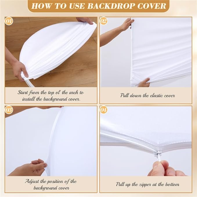 Garvee Set di 3 coperture per fondali ad arco bianco, in poliestere-spandex con cerniera inferiore, per decorazioni per matrimoni e feste, dimensioni 6-7,2 piedi