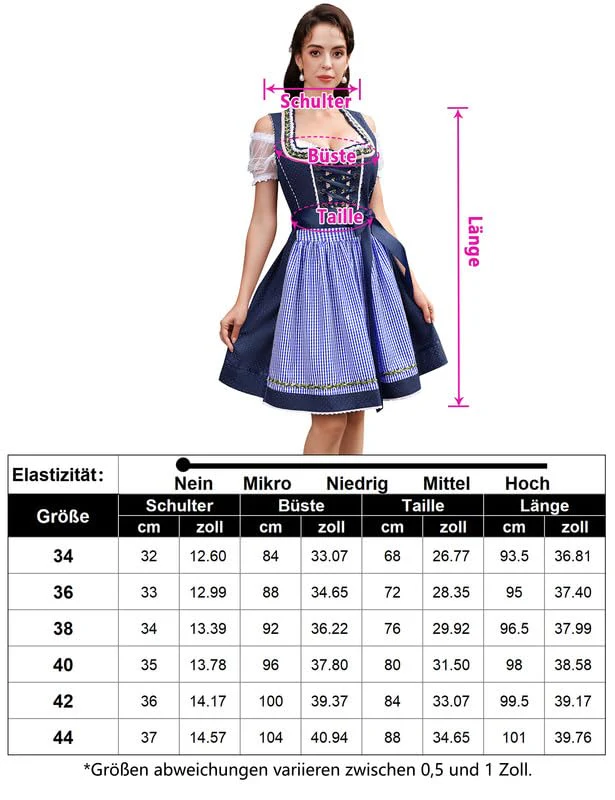 Abito tradizionale Dirndl midi da donna Garvee, 3 pezzi, con camicetta in pizzo bianco e grembiule, blu navy, taglia 34