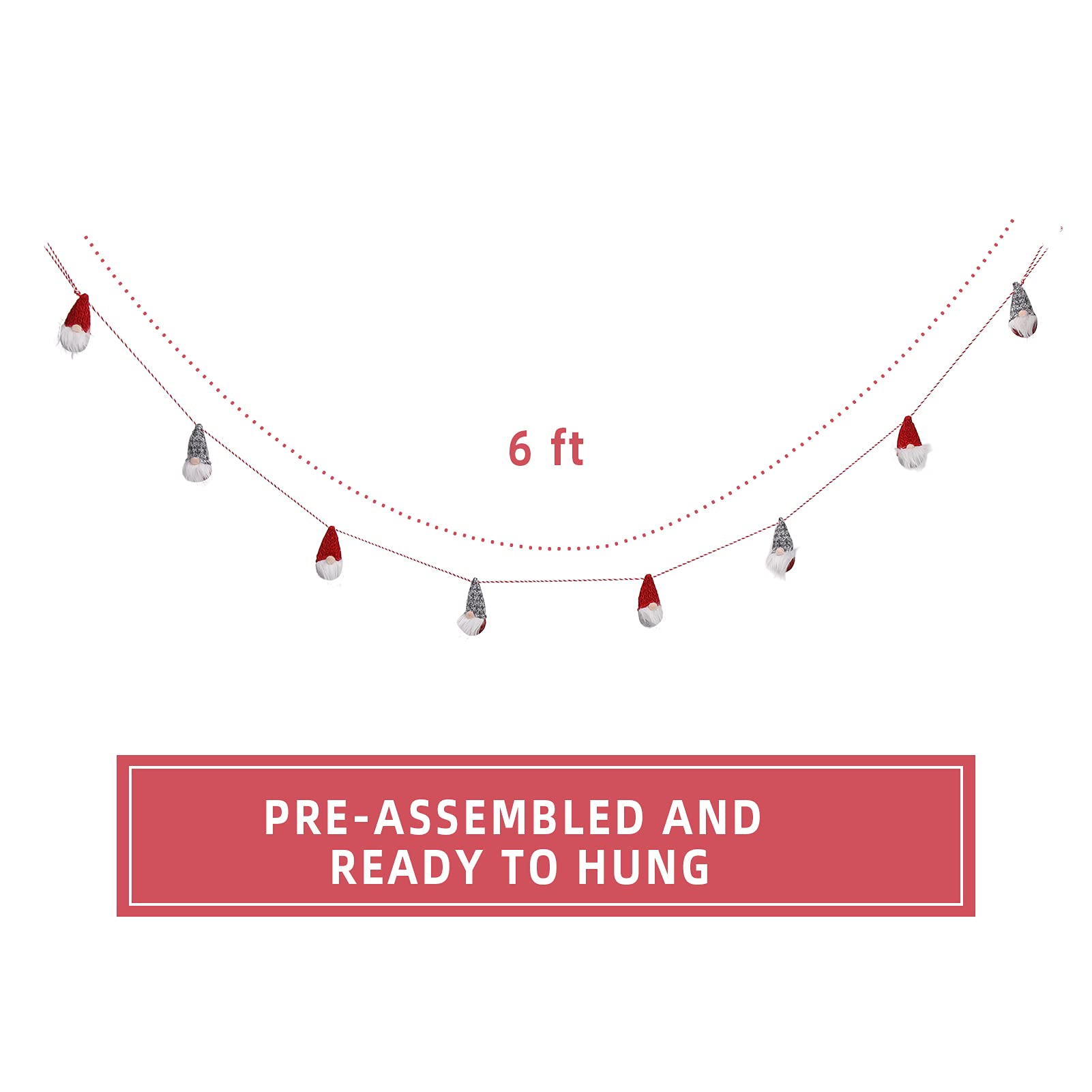 Ghirlanda di gnomi natalizi Garvee da 6 piedi, in peluche, colori rosso e grigio, per albero e camino, fatta a mano