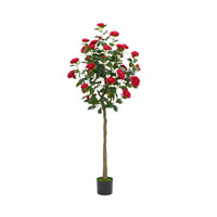 Albero di camelia artificiale rosso Garvee da 5 piedi con fiori e foglie realistici per soggiorno e uso esterno, facile da pulire, robusto, rosso