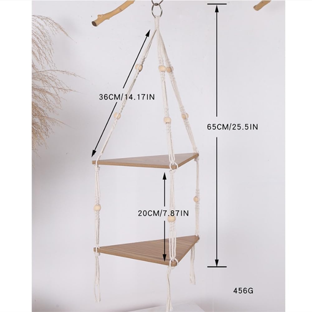 Mensola sospesa Garvee a 2 livelli angolare con corda in legno rustico, stile boho, porta piante regolabile per soggiorno e giardino