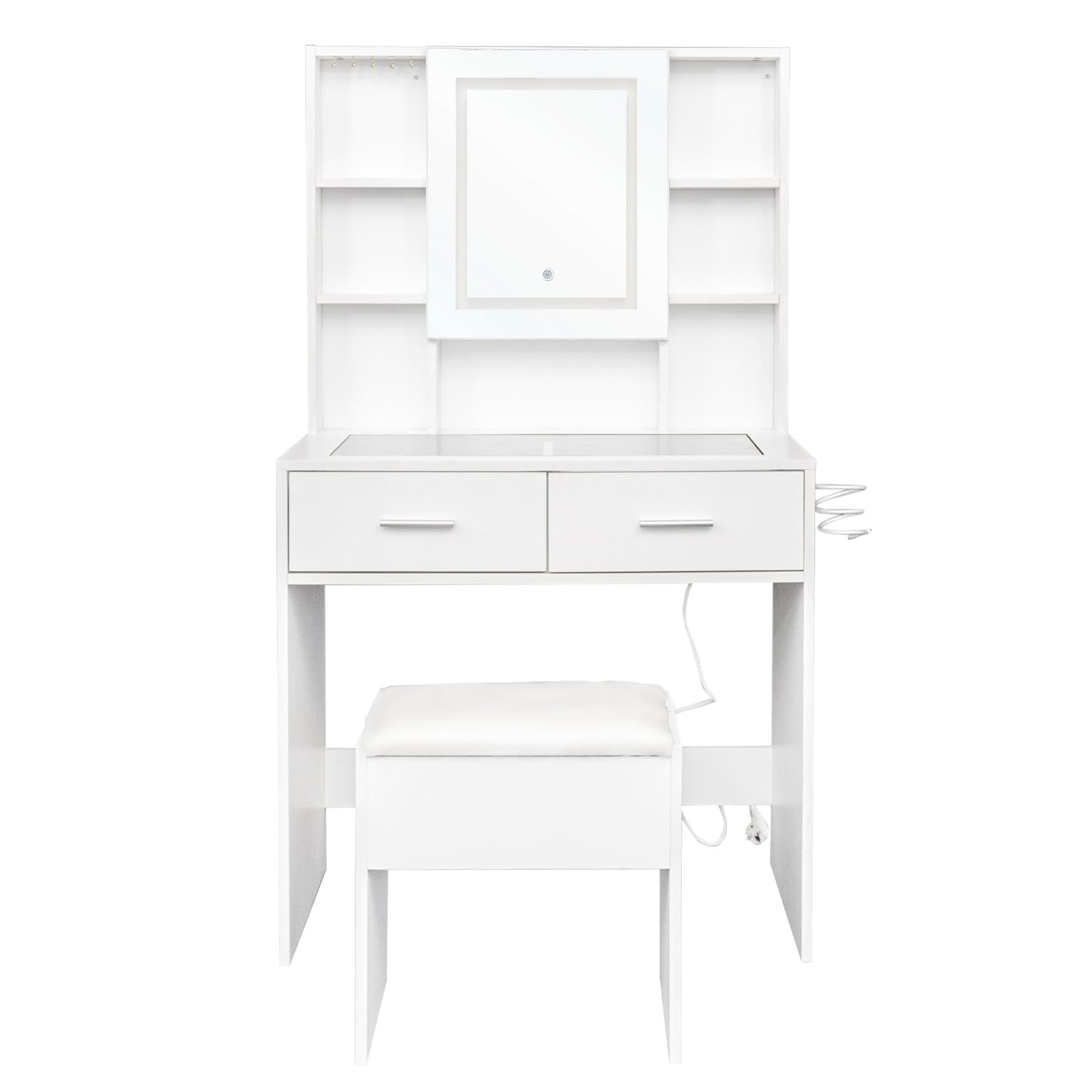 Set da parrucchiere Garvee con specchio LED, 2 cassetti, 4 ripiani, piano in vetro, presa elettrica, porta asciugacapelli, bianco, design moderno per camera da letto