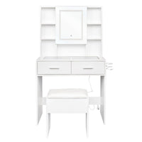 Set da parrucchiere Garvee con specchio LED, 2 cassetti, 4 ripiani, piano in vetro, presa elettrica, porta asciugacapelli, bianco, design moderno per camera da letto