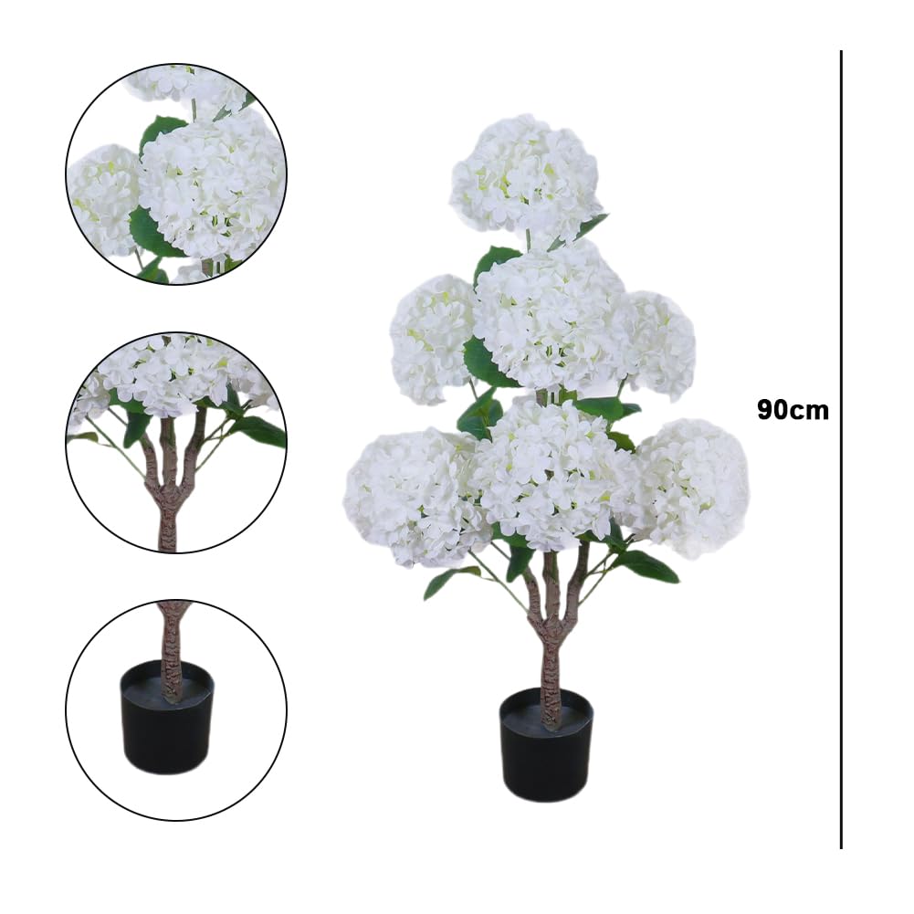 Albero di ortensia artificiale Garvee da 90 cm con robusto vaso di cemento per matrimoni e ufficio, bianco realistico