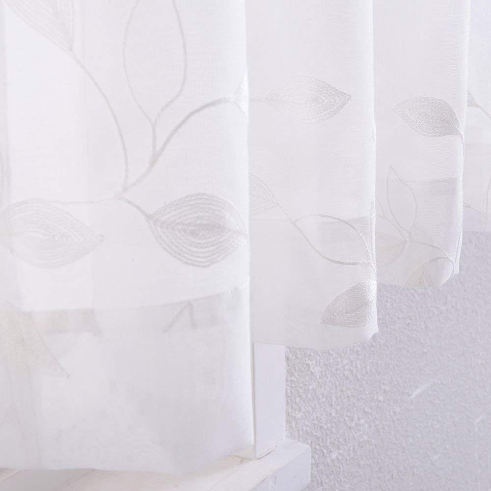 Tende trasparenti Garvee, set da 2 pannelli, bianche con ricamo a foglie, in lino sintetico, lunghe 63" con occhielli, in voile per soggiorno e camera da letto