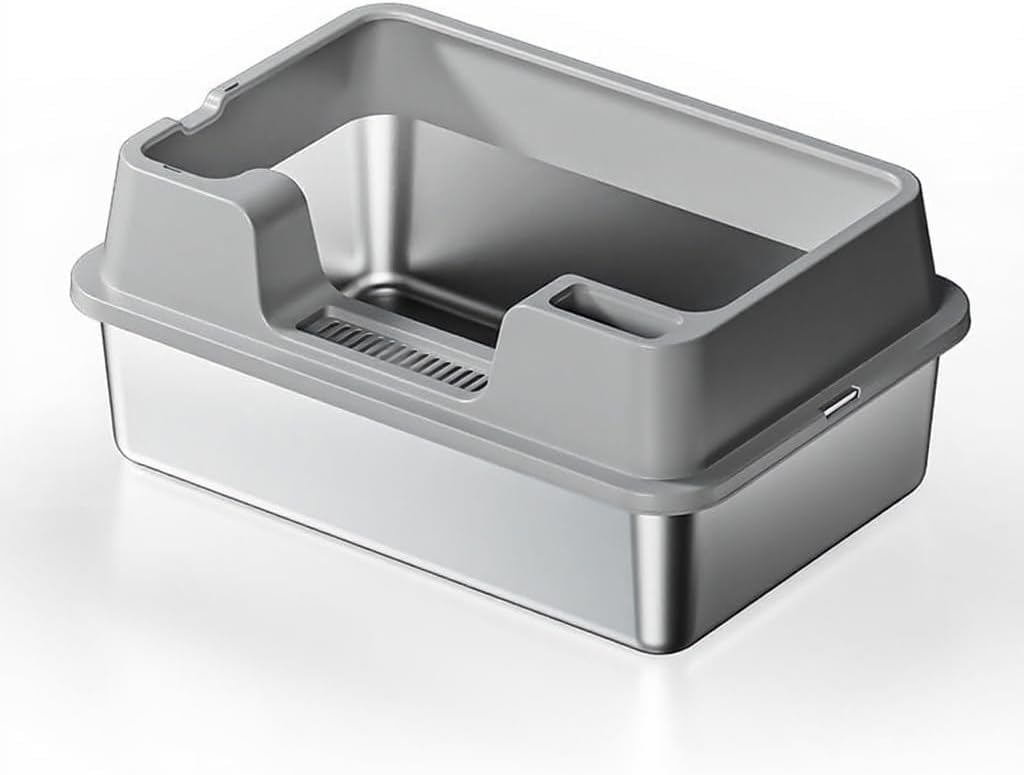 Garvee, grande lettiera per gatti in acciaio inox da 36 litri, semi-chiusa, con tappetino antiscivolo e paletta per lettiera, per famiglie con più gatti, 60x40x27 cm, grigio