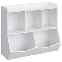 Libreria portagiochi per bambini Garvee con 3 scomparti aperti e 2 contenitori basculanti per camera da letto e sala giochi, in legno, 36x11x31 cm, colore legno naturale