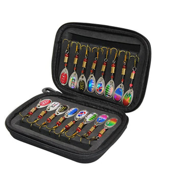 Set di 16 cucchiaini da pesca Garvee con borsa, lame rotanti luminose, nucleo in schiuma resistente, per trote e persici, nero, acqua dolce e salata