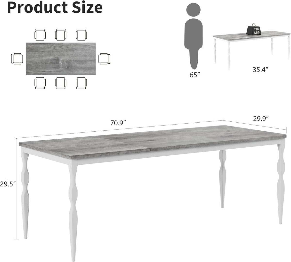Tavolo da pranzo Garvee da 180 cm in stile rustico per 6-8 persone con robusto piano in legno e gambe in metallo stabili per cucina e sala da pranzo, rettangolare, antigraffio
