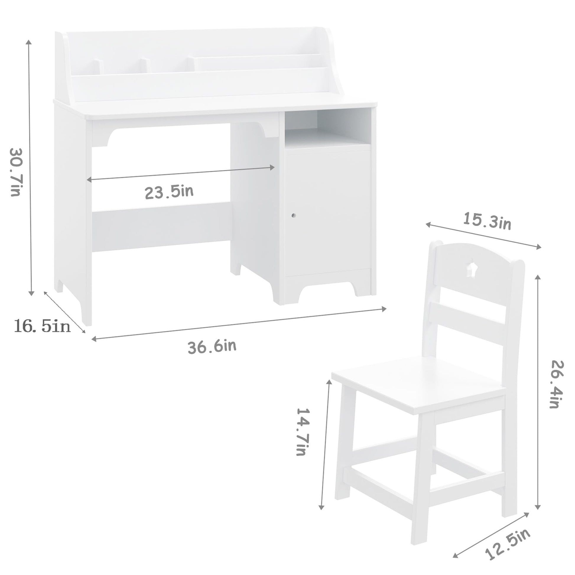 Scrivania per bambini Garvee White con sedia, in legno, contenitore ed ergonomica per camerette, 3-8 anni, bianca