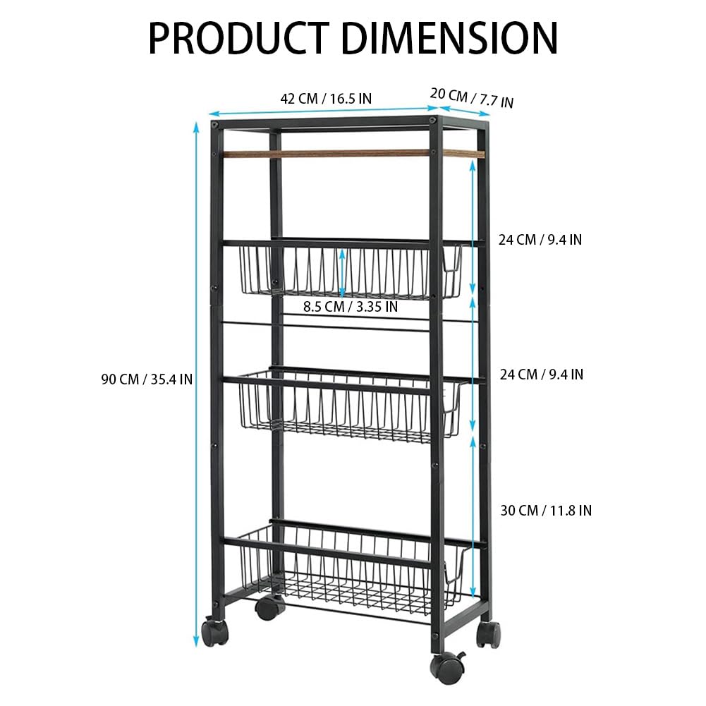 Carrello Garvee Slim a 4 ripiani con piano in legno, acciaio robusto, per cucina e bagno, 7,7 pollici di larghezza, nero