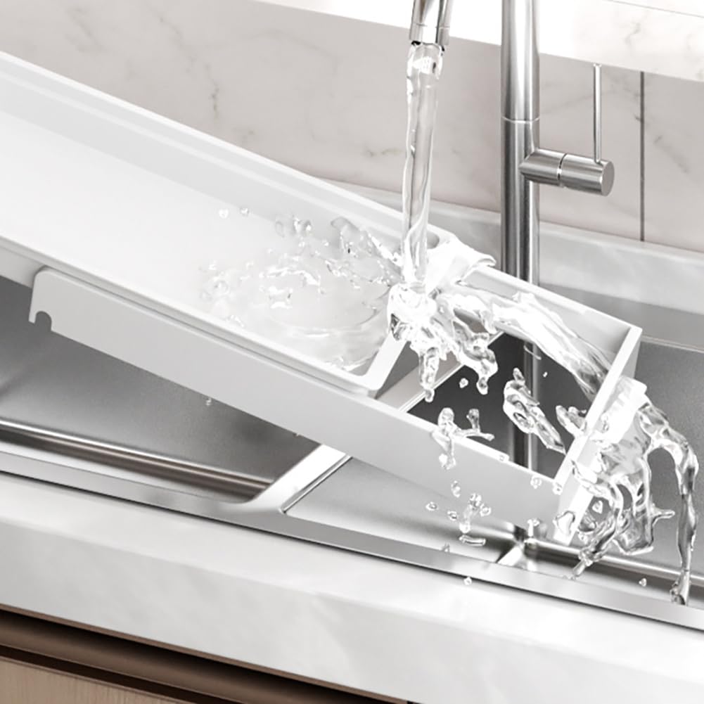 Scolapiatti estensibile Garvee, acciaio inossidabile, strato singolo con vassoio raccogligocce, per mobile da cucina, sottolavello, bianco, salvaspazio, antiruggine