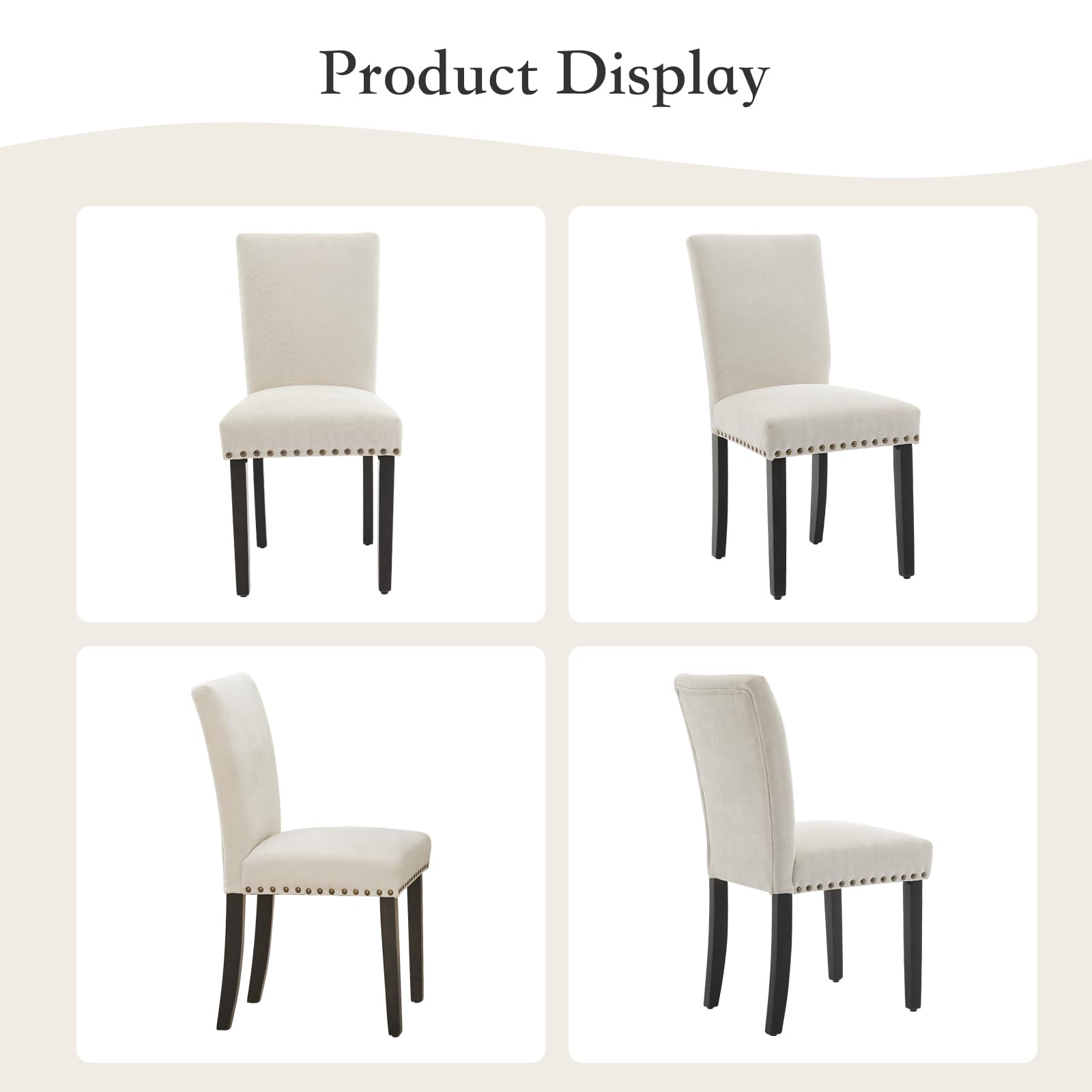 Set di 2 sedie da pranzo imbottite Garvee, moderne, con borchie, in tessuto, ergonomiche, gambe in legno, beige, per cucina e sala da pranzo