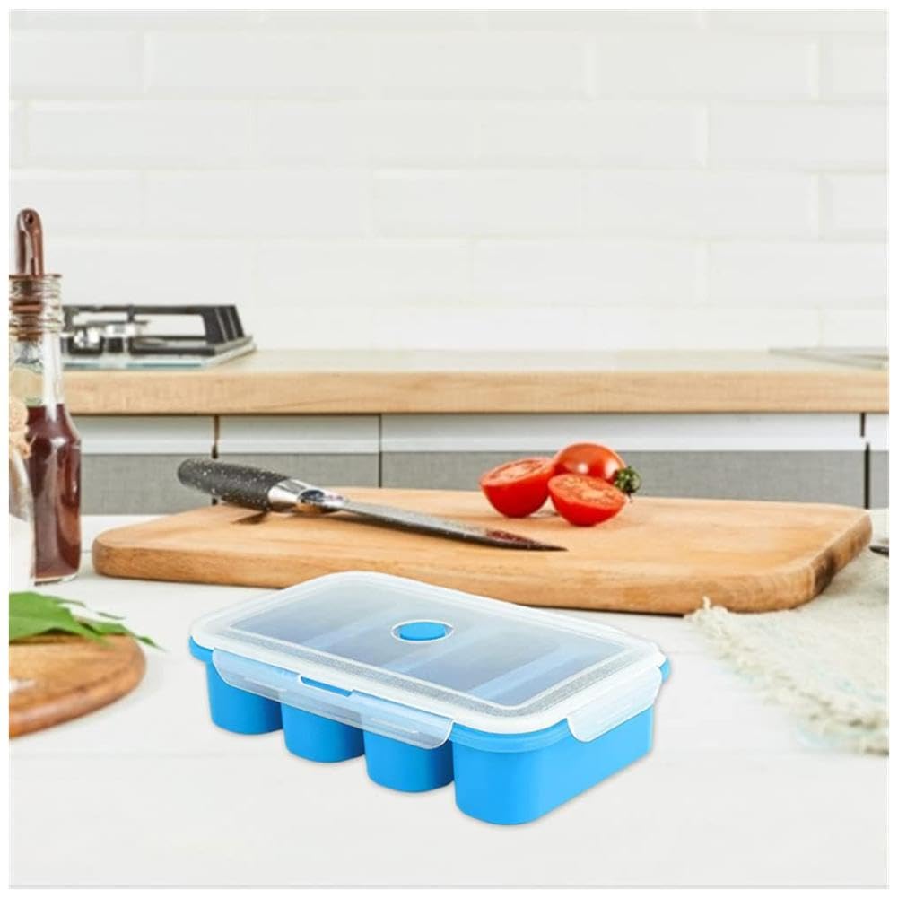 Contenitori per congelatore in silicone Garvee con coperchio, 4 cubetti, senza BPA, impilabili, blu, per congelatore e cucina, salvaspazio