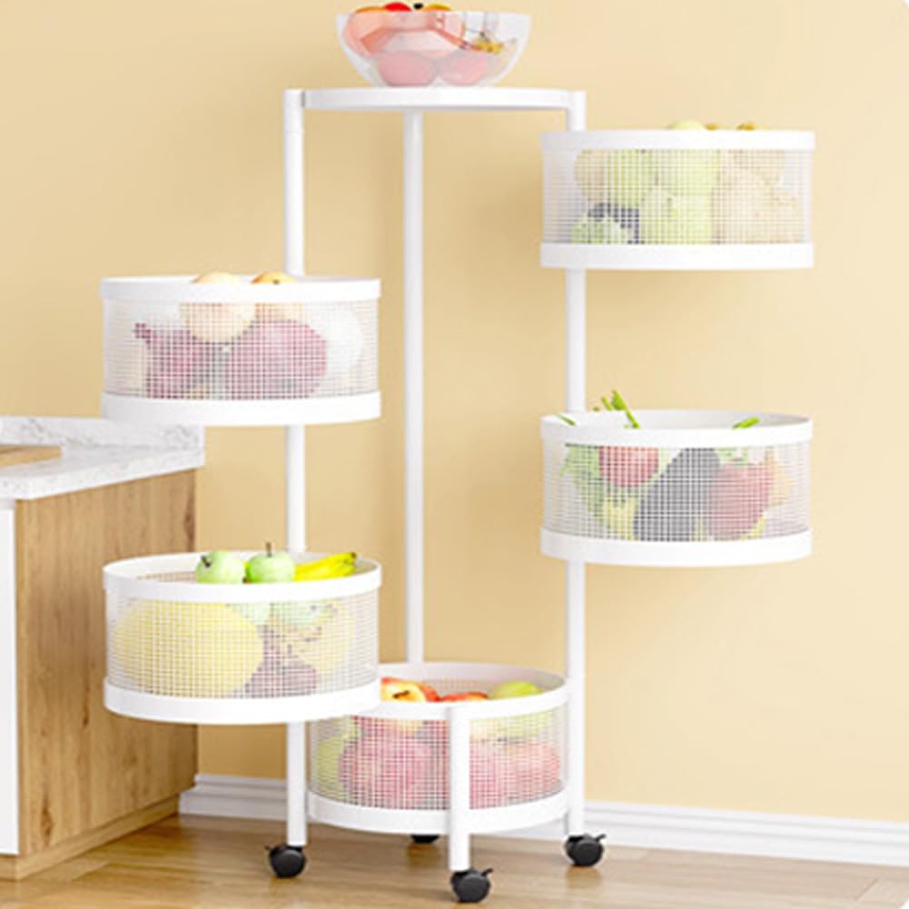 Carrello rotondo Garvee a 5 ripiani con ruote per cucina, bagno, soggiorno, 90xø30 cm, bianco - acciaio, cestelli girevoli a 360°, grande capacità
