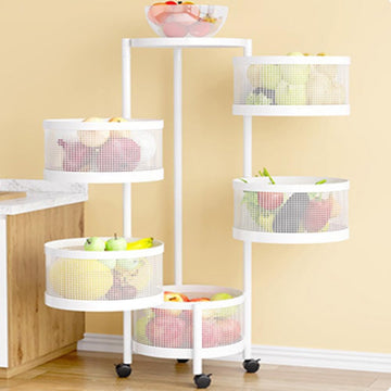 Carrello rotondo Garvee a 5 ripiani con ruote per cucina, bagno, soggiorno, 90xø30 cm, bianco - acciaio, cestelli girevoli a 360°, grande capacità