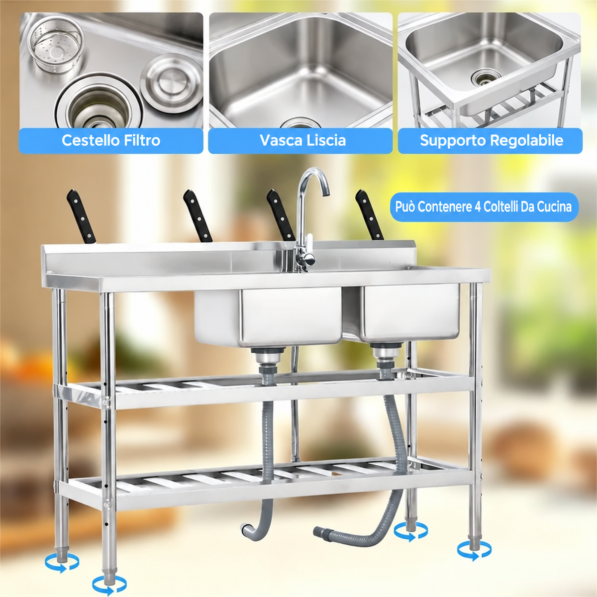 Garvee Waschtisch In Acciaio Inox Multifunzionale, Grande Piano Di Lavoro, Vasca Profonda, 120x45x82cm, Acciaio Inox, Per Lavanderia E Garage