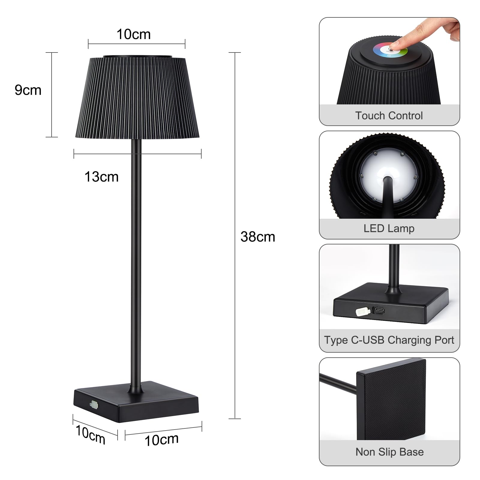 Lampada da tavolo regolabile wireless GARVEE, 8 colori, ricaricabile tramite USB-C, impermeabile, nera, per giardino, balcone, hotel