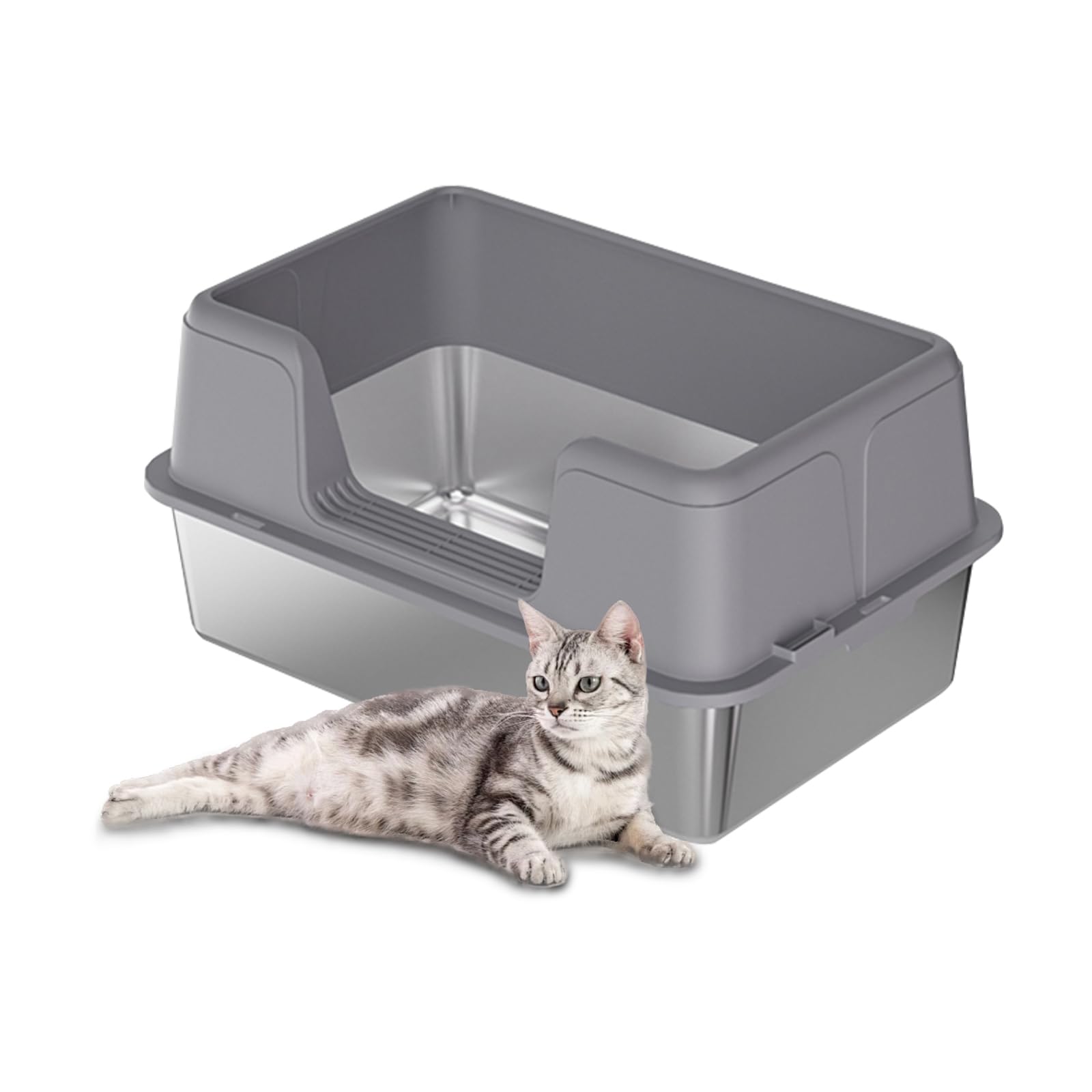 Lettiera per gatti Garvee in acciaio inox con tappetino antiscivolo e paletta per uso interno, antigraffio, inodore, chiusura sicura, facile da pulire