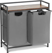 Cesto portabiancheria doppio Garvee con tasche Oxford, struttura in metallo robusto, ripiano in legno per bagno e camera da letto, grande, impermeabile