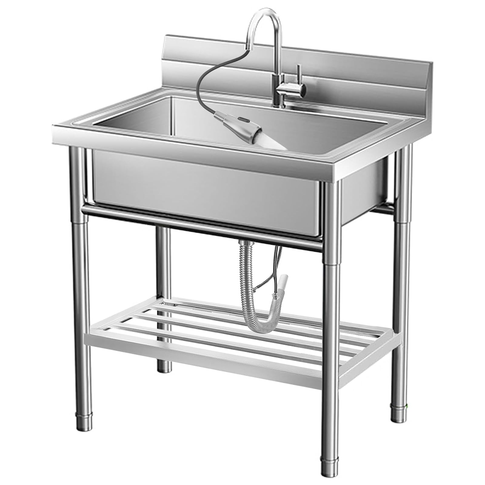 Lavello di servizio Garvee in acciaio inossidabile, acciaio 304, miscelatore termostatico, indipendente, per cucina e uso esterno, 86*50*50 cm, argento