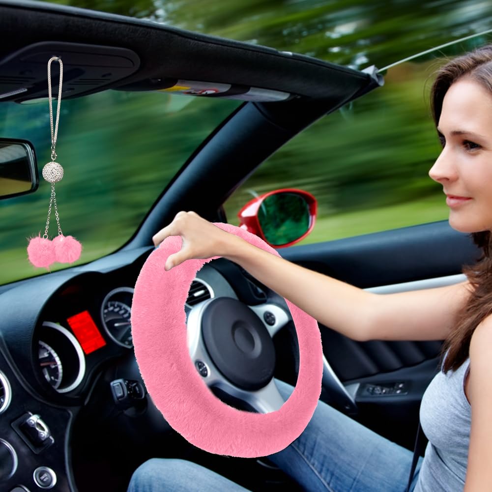Garvee - Set di 6 coprivolanti in peluche per donna, accessori per auto, rosa, morbidi e brillanti, diametro del volante 38 cm