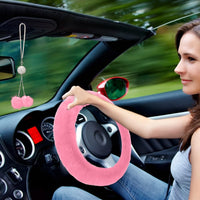 Garvee - Set di 6 coprivolanti in peluche per donna, accessori per auto, rosa, morbidi e brillanti, diametro del volante 38 cm