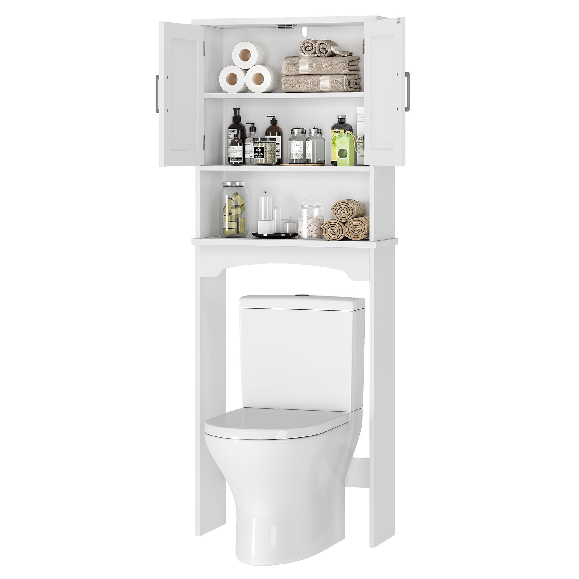 Mobiletto portaoggetti sopra il WC Garvee, in MDF con doppia ante e protezione antiribaltamento, per bagno e lavanderia, bianco, salvaspazio, versatile